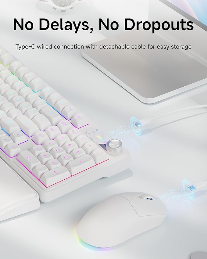 C98 Gaming Keyboard and Mouse Wired PC Gaming Keyboards with Multimedia Knob Wrist Palm&amp 3200 DPI RGB Backlit Computer Keyboard Quiet Membrane Gaming Keyboard for Windows/MAC/Laptop (White)