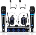 Rechargeable Wireless Microphone System 4 Channel Pro UHF Metal Handheld Headset Lavalier Lapel Mics Cordless for Church Karaoke Singing with Volume Control 4x50 Frequency(G8)
