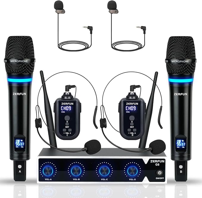 Rechargeable Wireless Microphone System 4 Channel Pro UHF Metal Handheld Headset Lavalier Lapel Mics Cordless for Church Karaoke Singing with Volume Control 4x50 Frequency(G8)