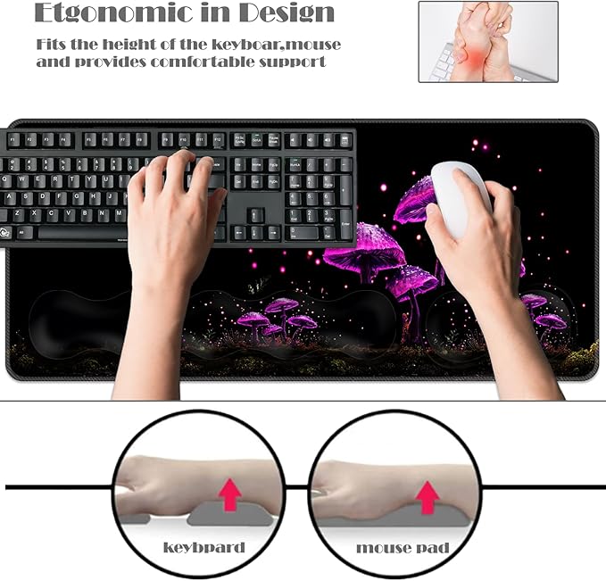Ergonomic Keyboard Wrist Rest &amp Mouse Pad Wrist Rest SetXL Gaming Desk Mat 31.5x 11.8Non-Slip BaseMemory FoamEasy Typing Pain Relief for Office &amp HomeNeon Purple Mushrooms