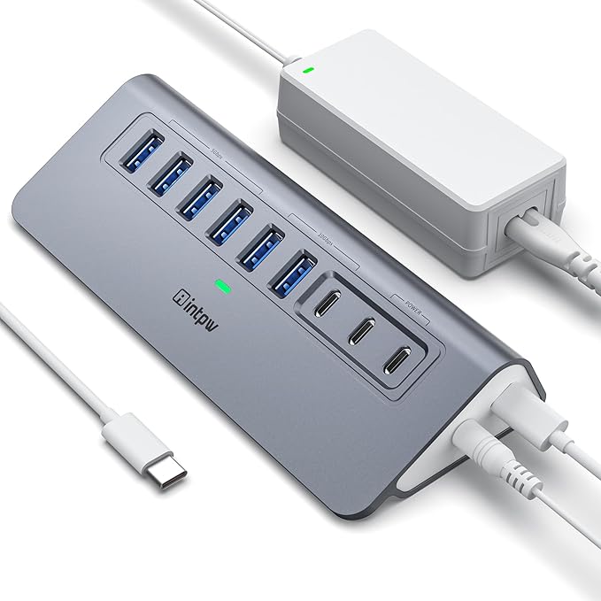 Powered USB Hub 10Gbps intpw YH6AC 9-Port USB Splitter with USB A/USB C 3.2 4 USB 3.0 2 PD 45W Charging Ports 65W Power Adapter + 3.3FT Cable Aluminum USB Extender Hub for Laptop PCiPhone 17/16