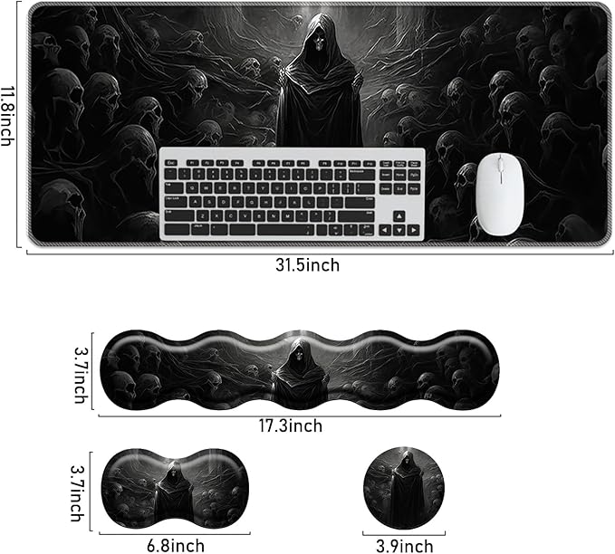 Keyboard Mouse Pad SetLarge Mouse Pad+Keyboard Wrist Rest+Wrist Support+Coaster31.5x11.8in Extended Desk Mat for Computer Laptop Office Home-Spectre