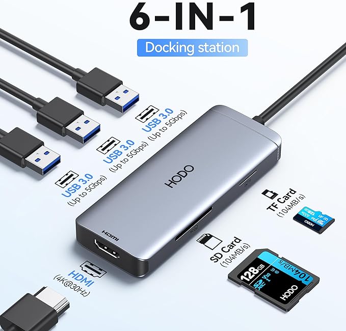 USB-C Hub Multiport Adapter for MacBook Air/Pro - 6 in 1 HDMI Dongle with 4K USB 3.0 Ports SD/TF Card Reader for MacBook m1/m2/m3/m4 Dell XPS HP Lenovo Surface and Other Type-C Devices