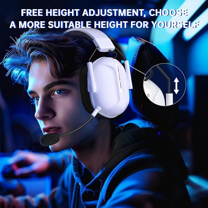 RYR Wireless Gaming Headset for Xbox Series X|S Xbox One PC PS5/4 Mac Mobile Switch 3D Surround Sound Bluetooth 5.3 60H Battery Gaming Headphones with Detachable Noise Canceling Mic-White