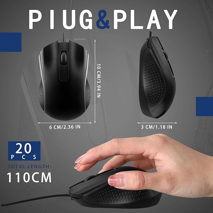 20 Pcs Wired USB Computer Mouse Bulk 3-Button Corded Wired Mouse for Laptop Desktop Computer Mice for PC Office School Home Supplies Black