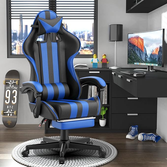 Huracan Gaming Chair with Footrest Adjustable Video Game Computer Chairs for Adults Reclining Backrest Office Desk Chair with Headrest and Lumba Pillow Blue