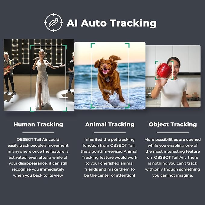 OBSBOT Tail AIR NDI Streaming PTZ CameraSmart RC Controller4K AI-Powered Webcam1.8 CMOSf/1.8 ApertureAI TrackGesture &amp Remote ControlWired&ampWireless ConnectionLiveStream for Church/Mus