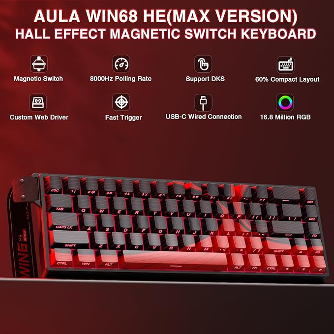 AULA WIN68 HE MAX - Hall Effect Gaming Keyboard with Magnetic Switch Adjustable Actuation Fast Trigger Mode 8KHz Polling Rate RGB Backlit Wired Mechanical Gaming Keyboard 60 Percent Compact Design