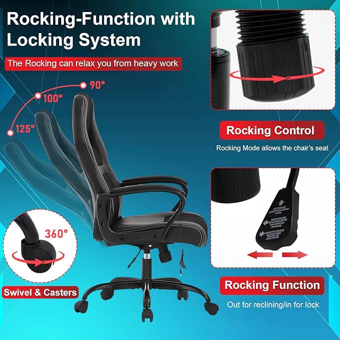 Gaming Chair with Massage Function PU Leather Chairs Ergonomic Office Chair Executive Computer Chairs High Back Computer Task with Lumbar Support Adjustable Height Black