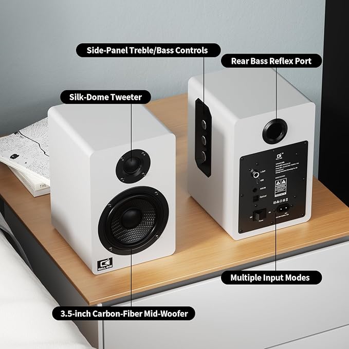 Harmony H2 60W Desktop Speakers with DSP Bluetooth 5.3 24-Bit Optical USB-C AUX Silk-Dome Tweeter Carbon-Fiber Woofer for Computer PC Monitor Gaming (White)