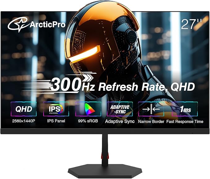 ArcticPro 27inch Gaming Monitor 300Hz QHD 2560 * 1440p IPS 1ms Response Time Adaptive sync 3-Sided Frameless Anti-Blue Light Ultra Slim 132% sRGB with DP Cable up to 300Hz DP*2 HDMI*2