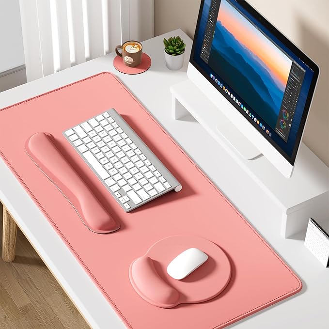 Dapesuom Large Gaming Mouse Pad Mouse Pads with Wrist Rest Wrist Support 4in1 XXL Desk Mat Desk Pad + Ergonomic Mousepad + Memory Foam Keyboard Mat Wrist Rest + Coaster Set for Computer Rose Pink