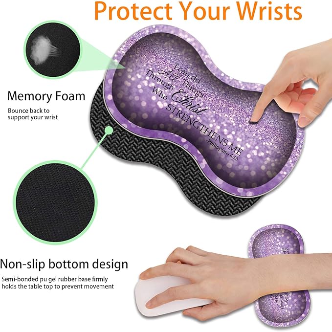 Durable Desk Mat + Wrist Rest Pad + Coasters Set Large Gaming Office Mouse Pad 31.5 x 11.8 Extended Non-Slip Rubber Keyboard Pad Laptop &amp Home Purple Glitter Quote Philippians 4-13