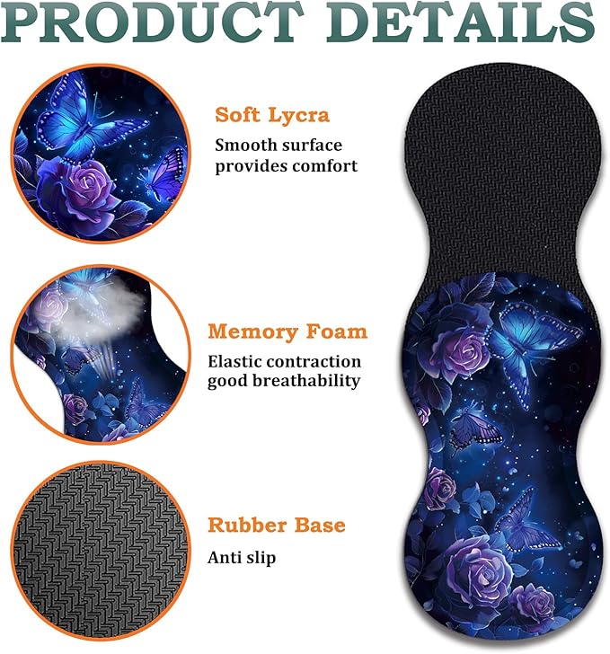 Large Gaming Mouse Pad + Wrist Rest + Lace Coaster Non-Slip Set with Sewn Edges and Waterproof Expandable Desktop Pad Suitable for Office/Home Purple Roses and Butterflies
