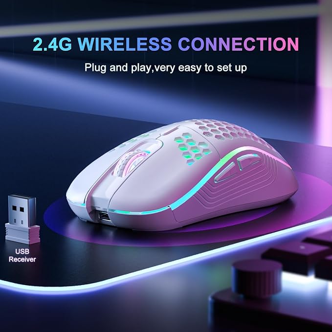 2.4G Wireless RGB Gaming Mouse Rechargeable Ergonomic Honeycomb Mouse with 6 Buttons Adjustable 800-1600 DPI Lightweight Mouse for PC &amp Laptop (White)
