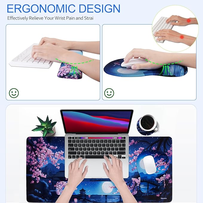 Petmolico Mouse Pad Set with Computer Keyboard Desk PadMouse Pad with Wrist RestTyping Wrist Pad and Cup CoastersErgonomic Design for Typing Pain Relief [NightfallMoon]