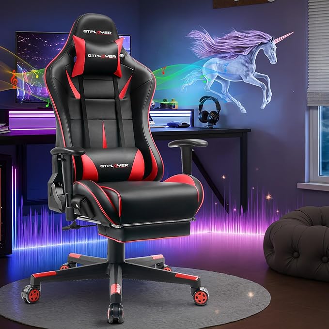 GTPLAYER Gaming Chair with Speakers Video Game Chairs with Footrest for Adults Ergonomic Computer PC Gamer Reclining Chair(Red)