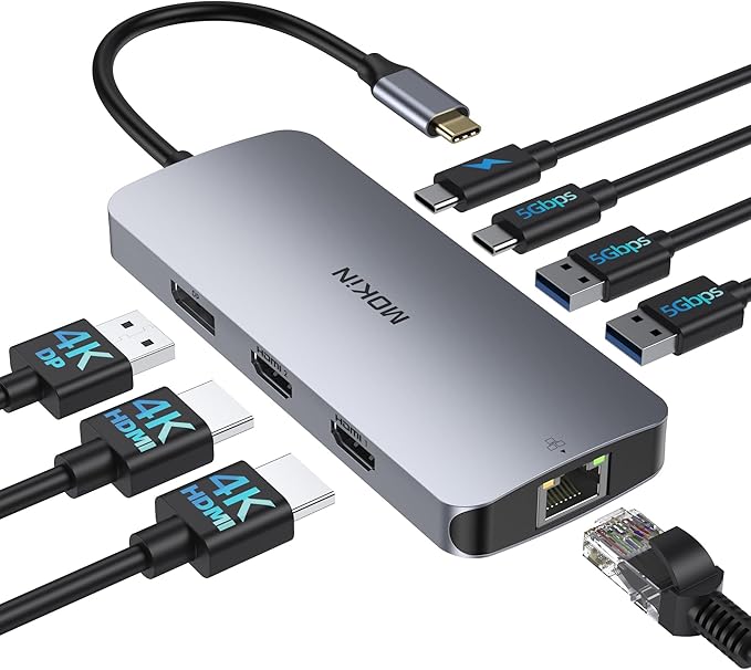 USB C Docking Station 3 Monitors MOKiN USB C Docking Station with 2 HDMI 4K DisplayPort 1Gbps Ethernet 100W PD Charging 3 USB A/C 3.0 Multiport Adapter for Dell/HP/Lenovo/Surface