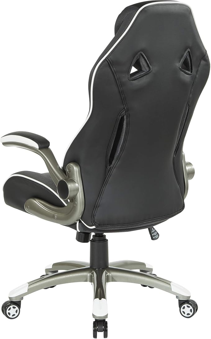OSP Home Furnishings Xplorer 51 Ergonomic Adjustable High Back Gaming Chair with Lumbar Support and Padded Flip Arms Black Faux Leather with White Trim