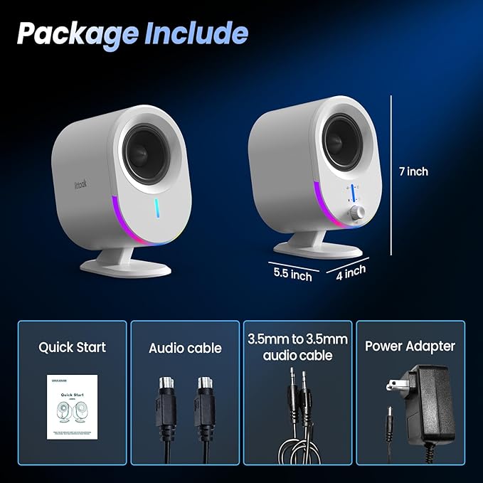 Bluetooth PC Gaming Speakers 2 * 15W 2.0CH Stereo with 3 EQ &amp 6 RGB Modes AC Powered Desktop Speakers with Aux/USB/Headphone Port for Laptop/TV White