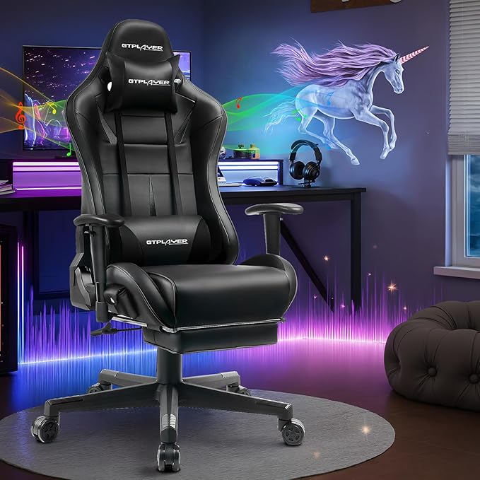 GTPLAYER Gaming Chair with Speakers Video Game Chairs with Footrest for Adults Ergonomic Computer PC Gamer Reclining Chair(Black)
