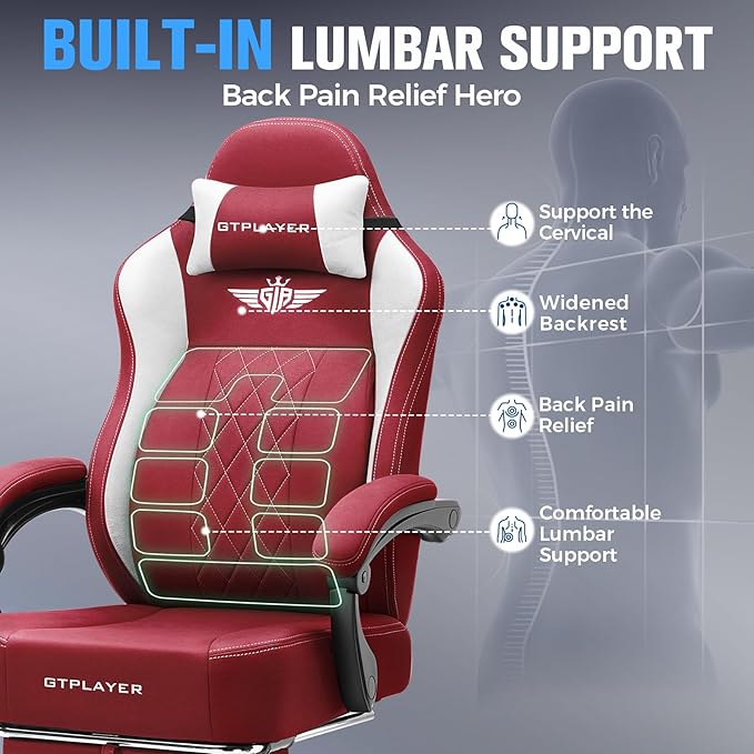 GTPLAYER Big and Tall Gaming Chair Breathable Fabric Computer Chair with Strong Lumbar Support Comfortable Office Chairs with Pocket Spring Cushion High Back Ergonomic Desk Chairs with Footrest