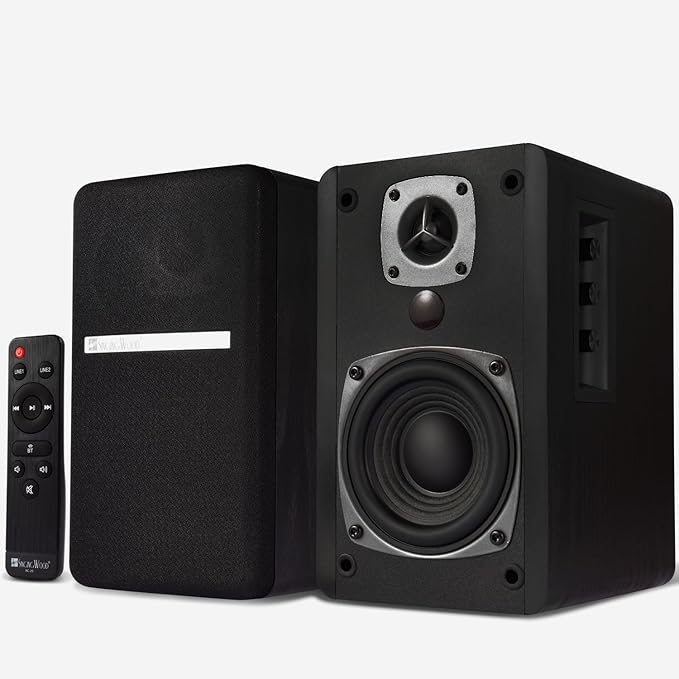 SINGING WOOD BT27 Active Powered Bluetooth Bookshelf Speakers - 60W RMS Studio Monitor Speakers for PC TV Turntable - High Fidelity Wooden Enclosure with Remote Control - Black
