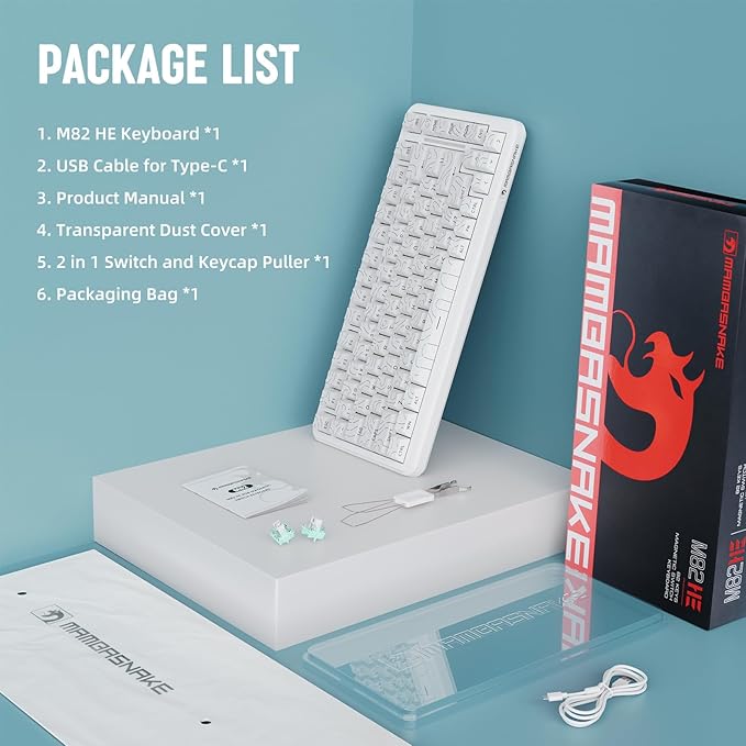MAMBASNAKE M82 HE 75% Wired Magnetic Keyboard with Adjustable Actuation 8000 Hz Polling Rate Hall Effect Switches Hot-SwapSide Printed PBT Topographic Keycaps Gaming Keyboard for FPS Games-White