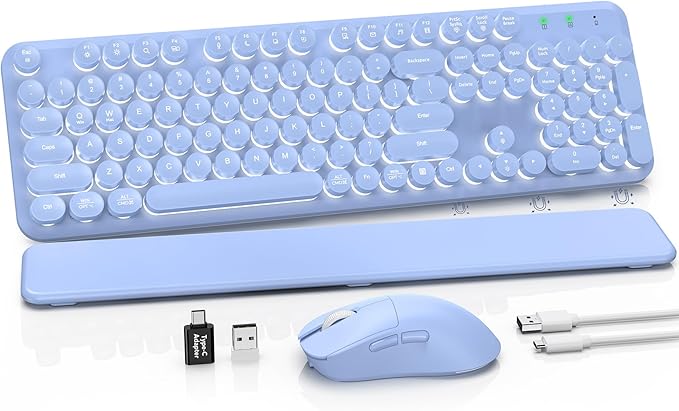 Wireless Keyboard and Mouse Combo Backlit Round Keycaps Retro Typewriter Keyboard with Detachable Wrist Rest Rechargeable &amp Tilt Legs 2.4GHz Cordless Connection for Windows/PC (Glowing Purple)
