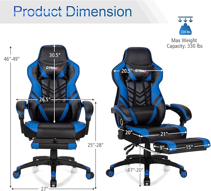 GYMAX Gaming Chair Ergonomic Computer Chair with Footrest Linkage Armrests &amp Lumbar Cushion Big Wide High Back Video Gaming Chair Reclining Office Rolling Chair for Adult/Teens (Blue)