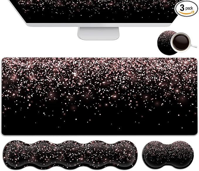 Large Gaming Mouse Pad Memory Foam Keyboard Wrist Rest Extended Office Desk Mat Office Desk Pad with Stitched Edges Laptop Desk Table Protector Rose Gold Glitter Black Writing Mat