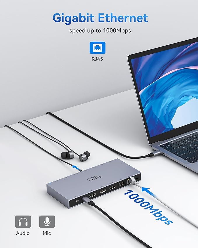 Selore Docking Station 3 Monitor USB C Laptop Hub with Dual 4K HDMI and Displayport 10Gbps USB-A/C Data Transfer 100W PD Ethernet Audio SD/microSD Slot USB C Dock for Dell XPS/HP/Lenovo