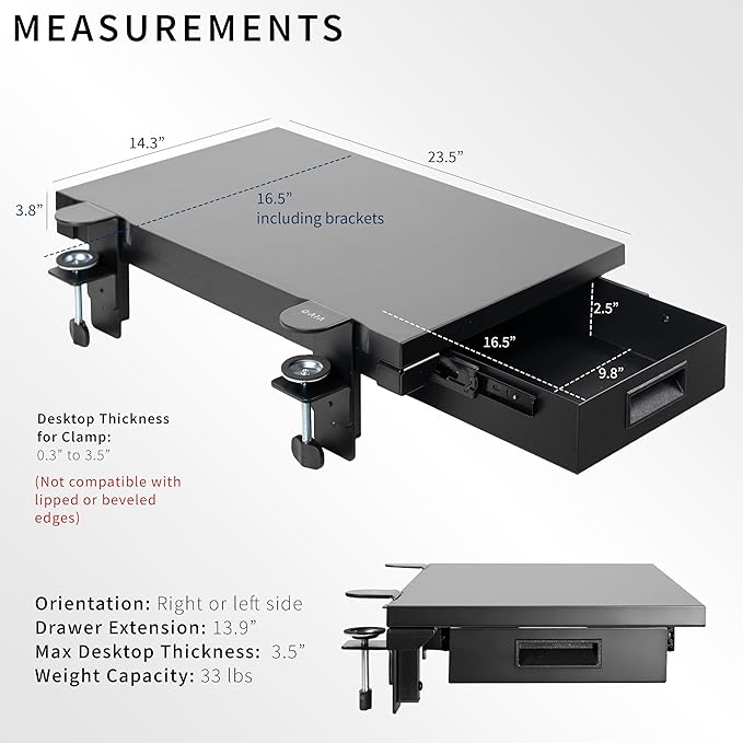 VIVO Premium Clamp-on 24 x 14 inch Desk Extender with Built-in Storage Drawer Keyboard Tray Side Table Extension Office Organizer Black DESK-EXT24D