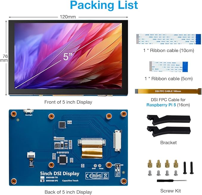 5 Inch Touchscreen IPS MIPI DSI Display Compatible with Raspberry Pi 5/4/3 800x480 Pixel Capacitive Screen Driver-Free Interface