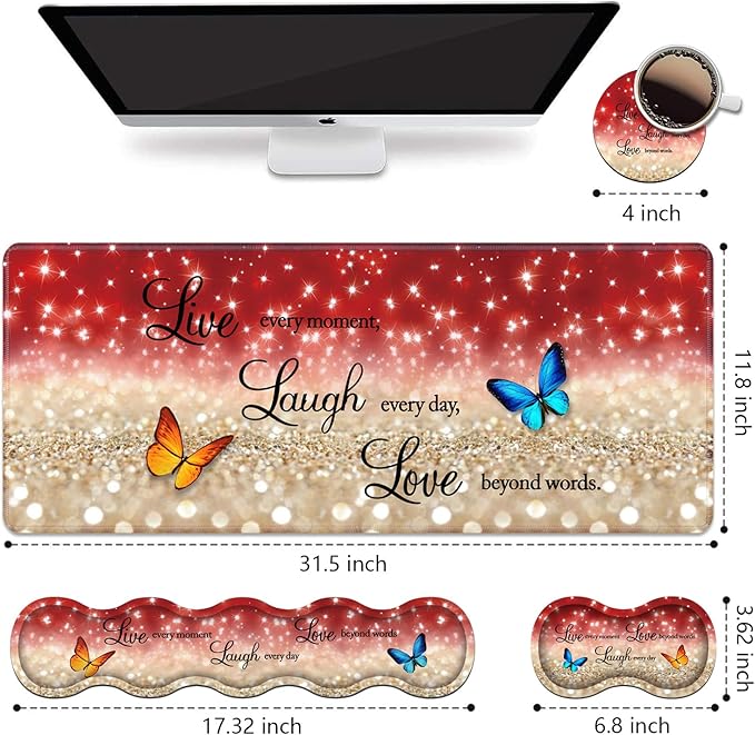 Ergonomic Keyboard Wrist Rest &amp Mouse Pad Wrist Rest SetLarge XXL Gaming Desk Mat 31.5x 11.8Non-Slip Base Memory FoamEasy Typing Pain Relief for Office &amp HomeRed Glitter Quote Live Laug