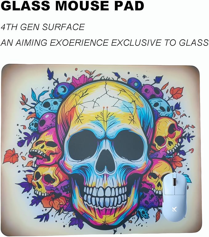 Skull Glass Pad Gaming Mouse PadE-Sports Player Mouse PadUltra-Smooth Micro-Etched Special Glass Surface with Improved Precision and SpeedAnti-Slip BaseWaterproof Easy to Clean(13.8” × 11.8”)