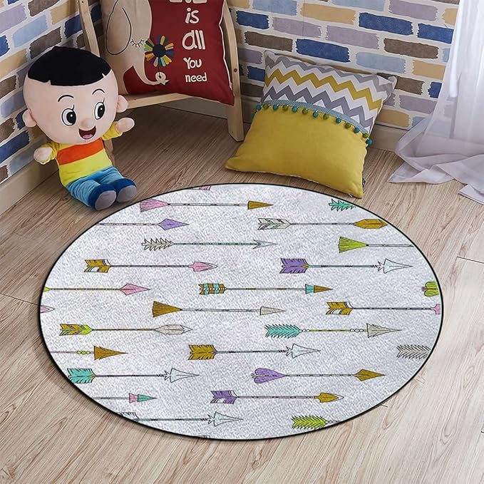 Arrows Round Carpet Playmat - Play Learn and Have Fun SafelyCrawling Mat Educational Soft Rug Shower/Birthday Gift Geometric Colorful Arrows PatternCharcoal Grey Gold Diameter 43.3 in