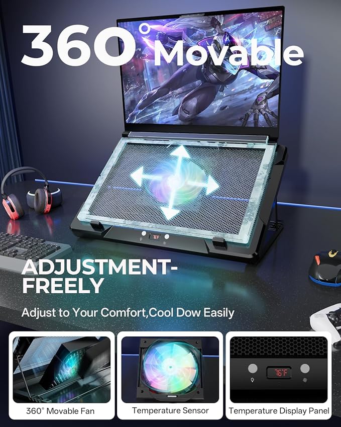 DEPGI Laptop Cooling Pad Laptop Cooler Stand with 5.5 Movable Fan Easy to Clean Auto Temp Sensor &amp 3-Speed Manual Control Ultra Quiet ≤40dB for 14–17.3 Inch LaptopsBlack