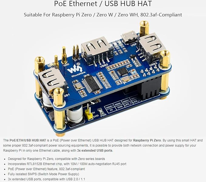 Bicool Power Over Ethernet (PoE) Ethernet/USB HUB HAT for Raspberry Pi Zero/Zero W/Zero WH 3X USB 2.0 Ports RJ45 Ethernet Port 802.3af-Compliant