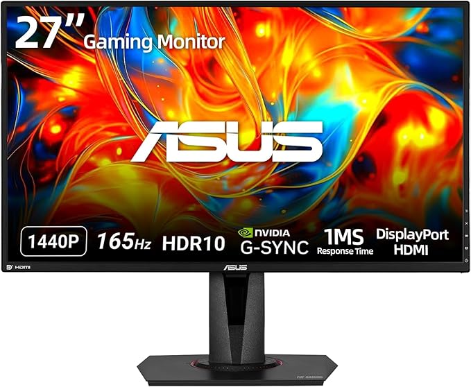 ASUS TUF 27 IPS Gaming Monitor 2K (2560 x 1440) LED Display 165Hz 1ms G-SYNC HDR 10 100% sRGB Anti-Glare M VESA Mountable Ajustable Stand DisplayPort x1 HDMI x2