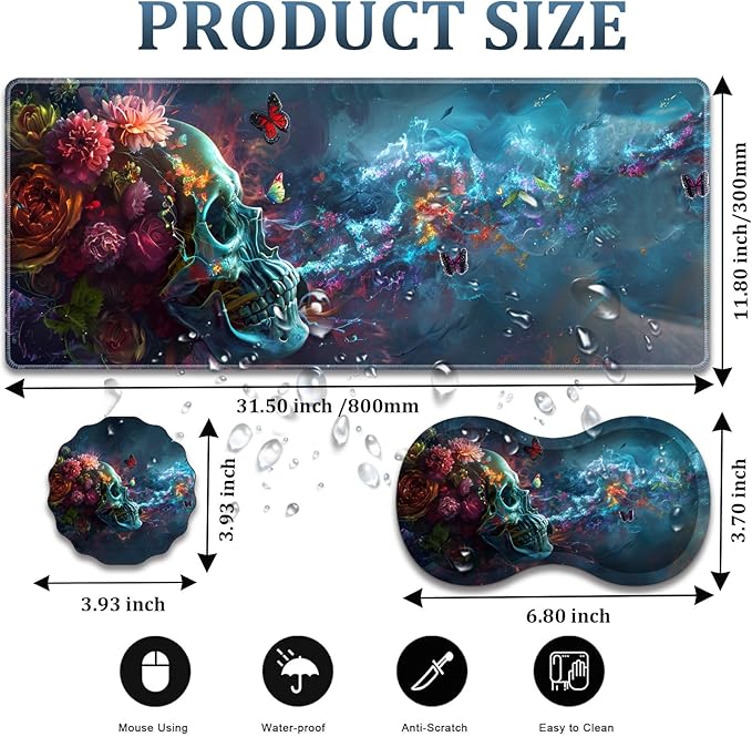 Large Gaming Mouse Pad + Wrist Rest + Lace Coaster Non-Slip Set with Sewn Edges and Waterproof Expandable Desktop Pad Suitable for Office/Home Butterfly and Skull Flowers