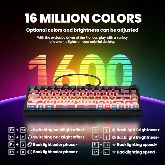 ZORNHER ST68 Wireless Ergonomic Split Mechanical Keyboard65% Pink &amp Purple Custom Creamy TKL Keyboard with KnobLighted Up PBT KeycapsPre-lubed Clicky SwitchesHot-SwappableRGB Backlit