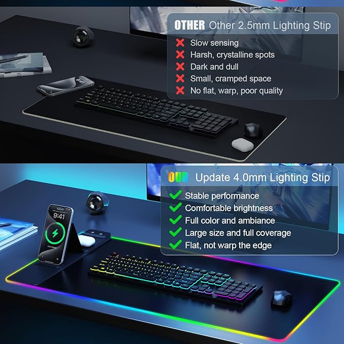 Mouse Pad with Foldable Phone Holder Wireless Charging Desk Mat RGB Gaming Mousepad Large Desk Pad with Non-Slip Base Waterproof Keyboard Pad Classic Black (XXL Stand Black PD Adapter)