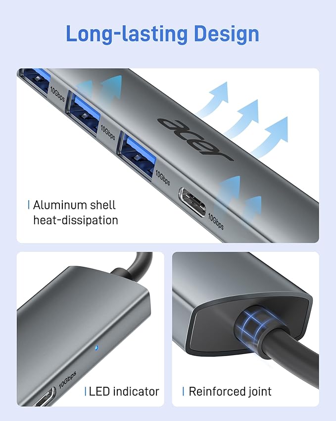 Acer USB C Hub 10Gbps USB 3.2 Gen 2 Adapter with 3 USB-A &amp 1 USB-C Ports High Speed Type C Multiport Splitter for MacBook iPhone 16/15 iPad Surface Pro Chromebook Dell XPS and More