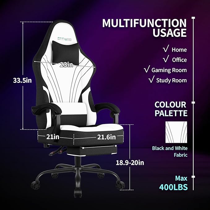 Gaming Chair Fabric Ergonomic Computer Chair with Footrest Video Gamer Chair with Pocket Spring CushionLinkage Armrests and Headrest Lumbar SupportSwivel Height Adjustable Office Chair for Adults