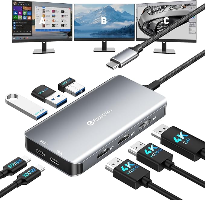 Reborn USB-C Docking Station Dual Monitor Adapter Laptop Docking Station 3 Monitors Triple Display USBC Hub Dongle to 4K60Hz HDMI+DP3 USB3.0100W PDUSB C Data8-in-1 Dock for DellHPLenovoSurface