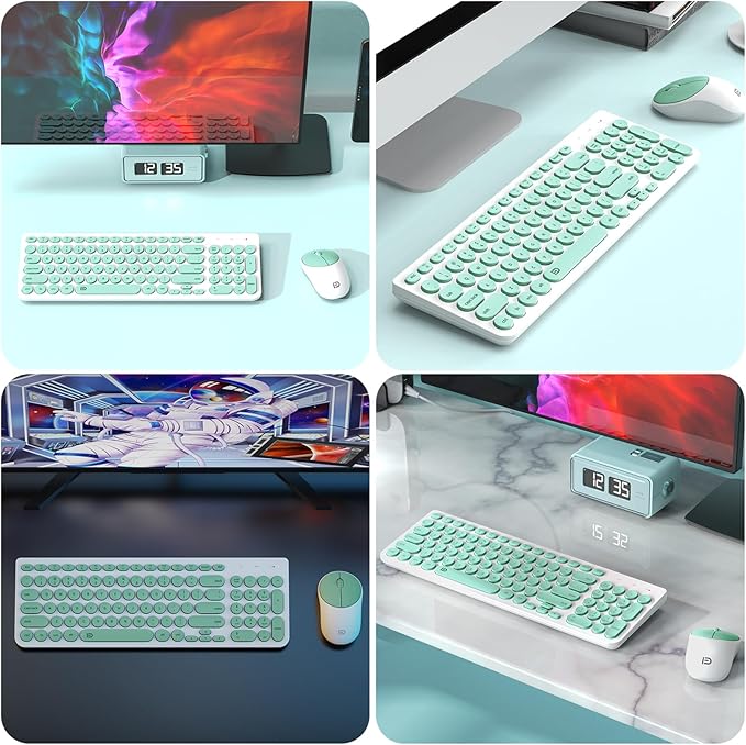 FD Wireless Keyboard and Mouse Combo - 2.4GHz USB Cordless Cute Round Keys Quiet and Slim Set for Laptop Computer TV and Mac - Mint Green &amp White