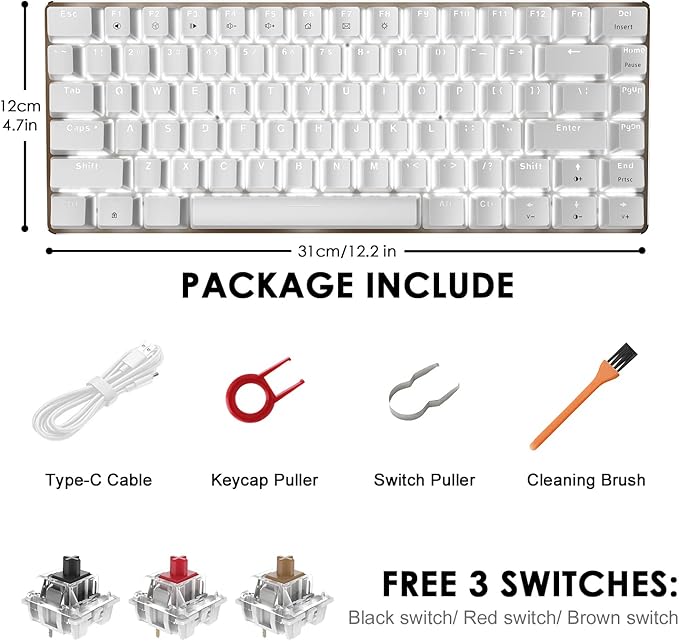 60% Mechanical Gaming KeyboardHot Swappable Compact 82 Keys Wired Mechanical Keyboard with White LED BacklitDetachable Type-C CableErgonomic Designfor Windows PC Gamers(Blue SwitchWhite)