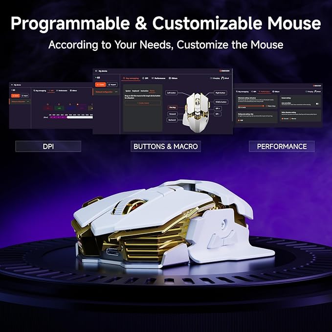 EWEADN G5 Wireless Gaming mouse 12800 Adjustable DPI Ergonomic Mouse with 6 RGB Backlit Modes Rapid Fire Key 9 Programmable Macro Buttons Rechargeable Bluetooth Mouse for PC/Mac/Laptop - White
