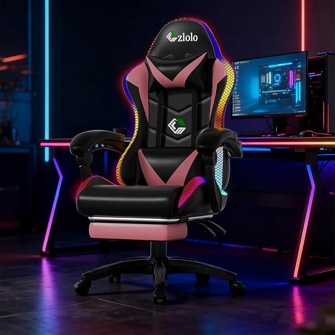 Gaming Chair Racing Style RGB LED Lights Gaming Chairs for Adults and Kids Lumbar Massager Gamer Chair High Back Reclining Computer Chair with Footrest and Headrest (Black/Pink)